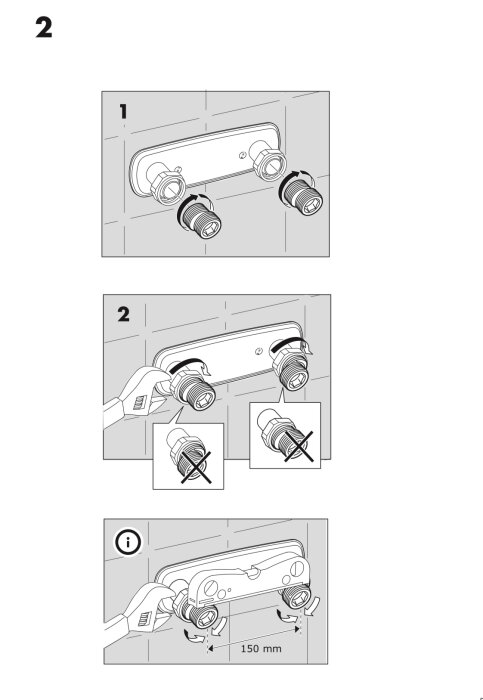 Illustration av installation av blandarfäste med excenterkopplingar för att justera från 150 mm till 160 mm. Visar rätt och fel sätt att fästa kopplingarna.