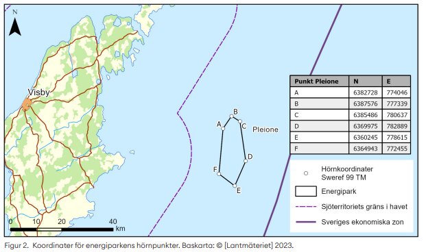 Karta som visar planeringsområde för energiparken Pleione vid Gotland med koordinater och avstånd till sjöterritoriets och Sveriges ekonomiska zon gränser.