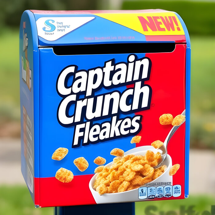 Fiktiv postlåda formad som ett Captain Crunch Flakes-paket.