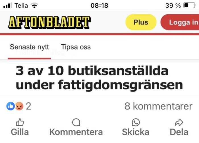 Skärmdump av en Aftonbladet-artikel på Facebook med rubriken: "3 av 10 butiksanställda under fattigdomsgränsen".