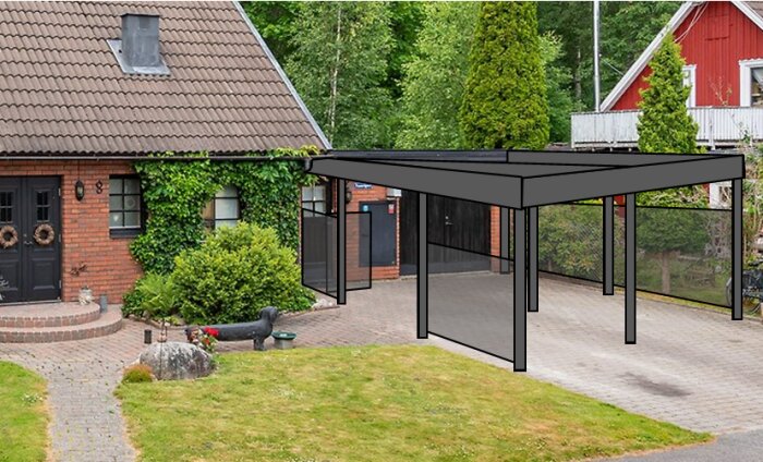 Framför ett 70-talstegelgarage en skiss av en planerad carport med plåttak och svart ramkonstruktion, delvis täckt garageinfart.