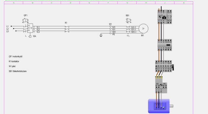Elritning av motorskydd, kontaktor, säkerhetsbrytare och plintkopplingar, visar elektrisk kopplingsschema för installationskontroll.