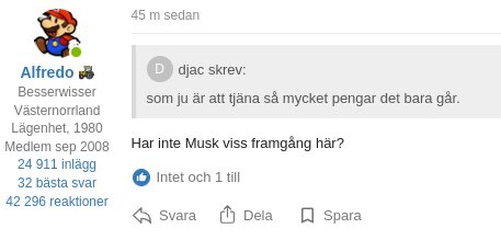 En skärmdump av ett forum där en användare ifrågasätter Musks framgång med hänvisning till ett svar från användaren djac.