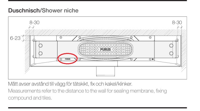 Illustration av en Purus duschbrunn med måttangivelser för installationsdjup och avstånd till vägg. Inringad text "Purus" markerar korrekt vändning.