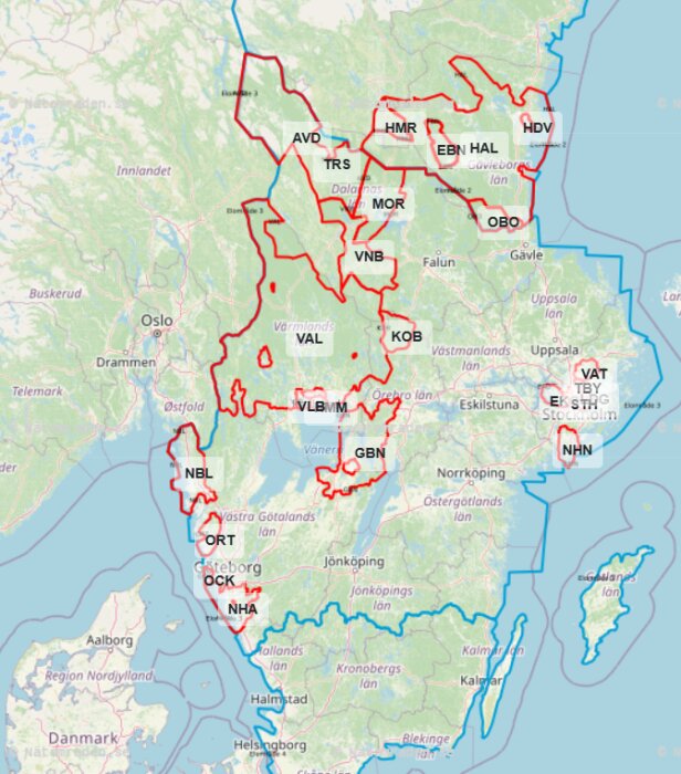 Karta över Ellevios elnät i Sverige, visar täckningsområden från Kungsbacka i söder till Hudiksvall i norr markerade med röd linje.