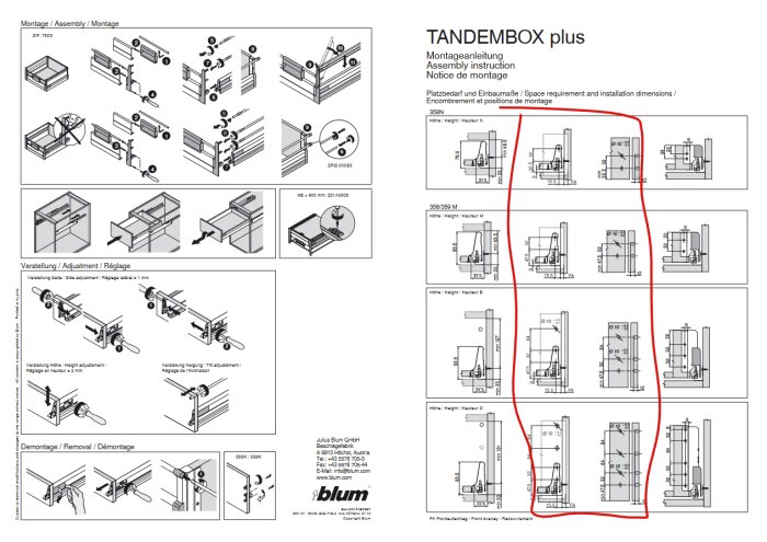 Monteringsanvisningar för Blum TANDEMBOX plus, inklusive mätningar och justering av skåp och lådsystem.