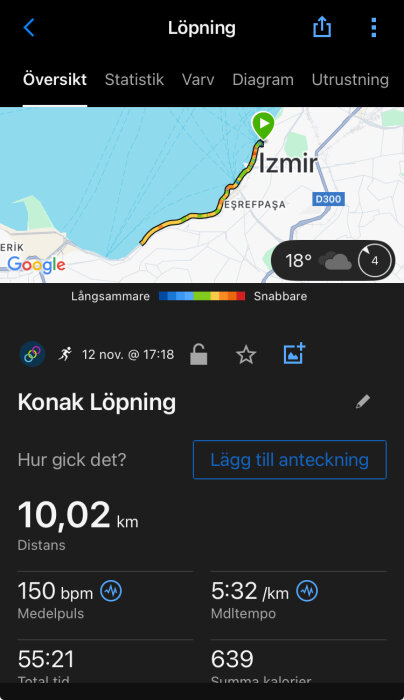 Karta över löprutt i Izmir, 10,02 km med tempografik, distans och hjärtfrekvensdata. Temperatur 18°C, datum 12 nov. kl 17:18.