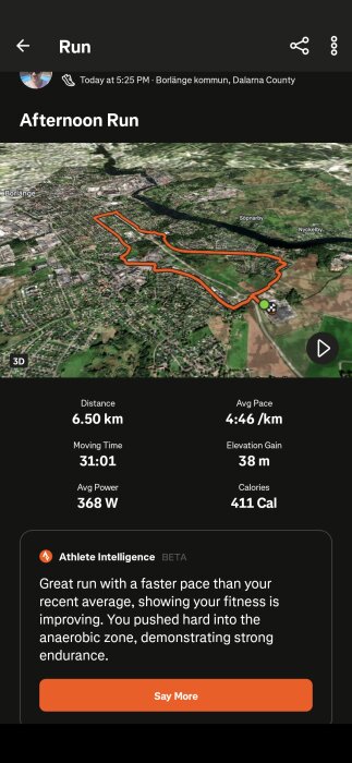 3D-karta över en löprunda i Borlänge, med sträcka 6,50 km, tempo 4:46/km, tid 31:01, höjdmeter 38 m, kalorier 411, i app för aktivitetsspårning.