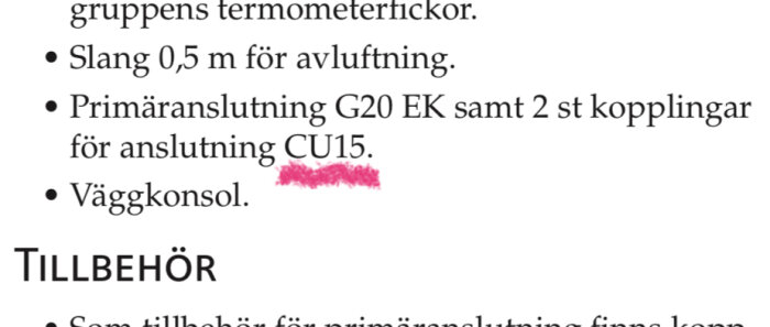 Textutdrag om anslutningar CU15, där "CU" är markerat med rosa färg.