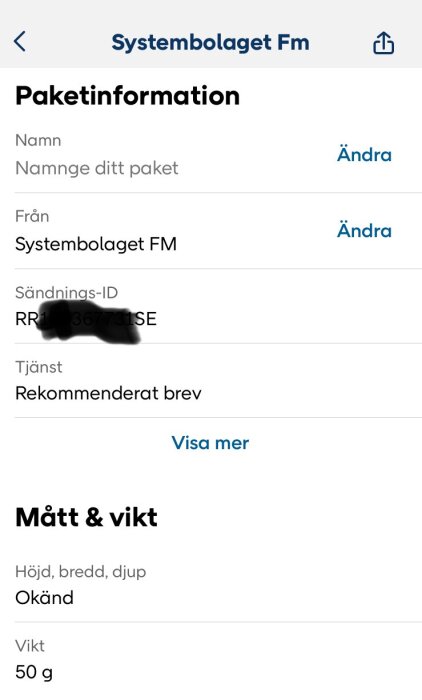 Skärmbild av paketinformation i Postnord-appen från Systembolaget FM med rekommenderat brev, vikt 50 g, okända mått.