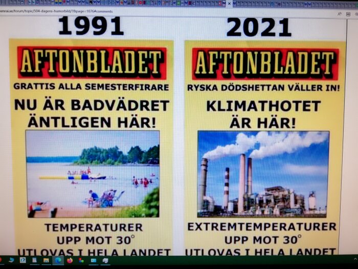 Tidningsomslag från Aftonbladet, 1991 visar soligt strandliv, 2021 varnar för klimat och hetta vid samma temperatur, 30 grader.