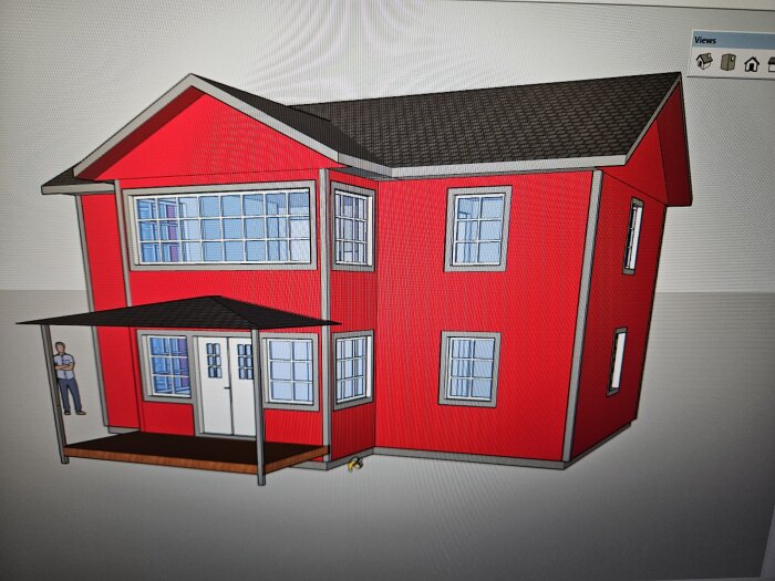 3D-modell av ett rött tvåvåningshus med stora fönster och farstukvist; planerad 10m2 utbyggnad visas.