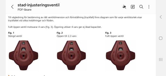 Tre bilder av en stad-injusteringsventil; stängd, öppen till 2,3 varv, och fullt öppen vid 4 varv. Används för att justera flöde.