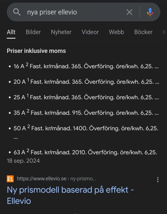 Sökmotorresultat för "nya priser ellevio" visar elpriser inklusive moms för olika säkringsalternativ från 16 A till 63 A.