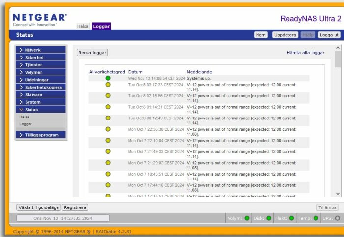 Skärmdump av Netgear ReadyNAS Ultra 2-loggar som visar meddelanden om spänningsavvikelse och systemstatus.