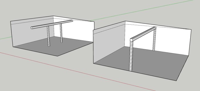 3D-modell av ett garage med två visningar av balkkonstruktionen; till vänster med mittpelare, till höger med pelare nära väggarna.