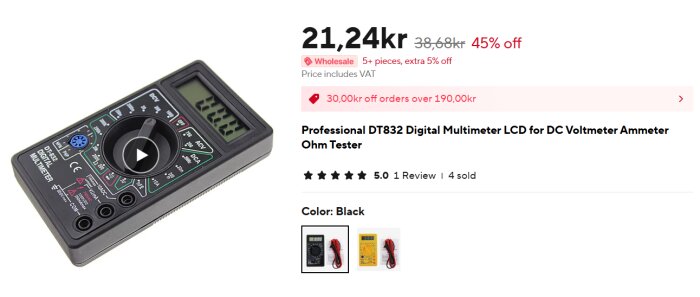 Billig kinesisk multimeter DT832 med LCD-skärm, används som voltmeter och ammeter. Rekommenderas ej för höga spänningar som 400V.