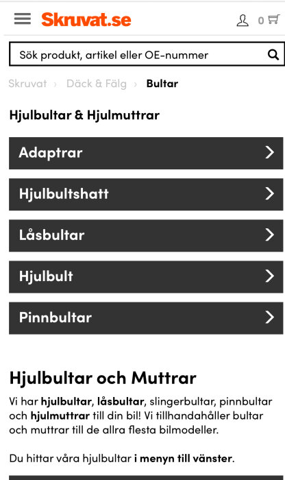 Webbsida med meny för hjulbultar och hjulmuttrar med olika kategorier som adaptrar, låsbultar och pinnbultar.