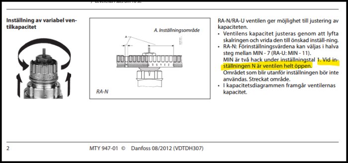 Instruktion för Danfoss-ventil: diagram över inställning av variabel ventilkapacitet, visar skalor och justeringsmetod utan verktyg.