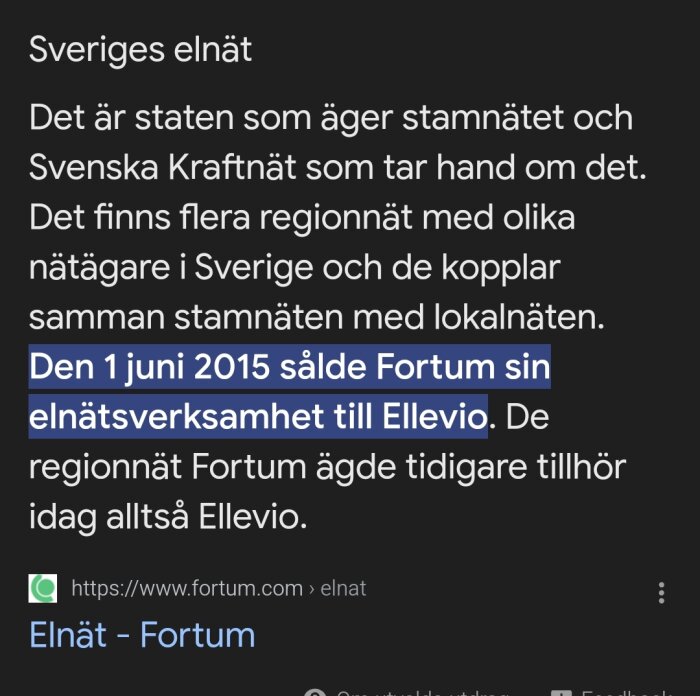 Skärmdump av text som beskriver att Fortum sålde sin elnätsverksamhet till Ellevio den 1 juni 2015.