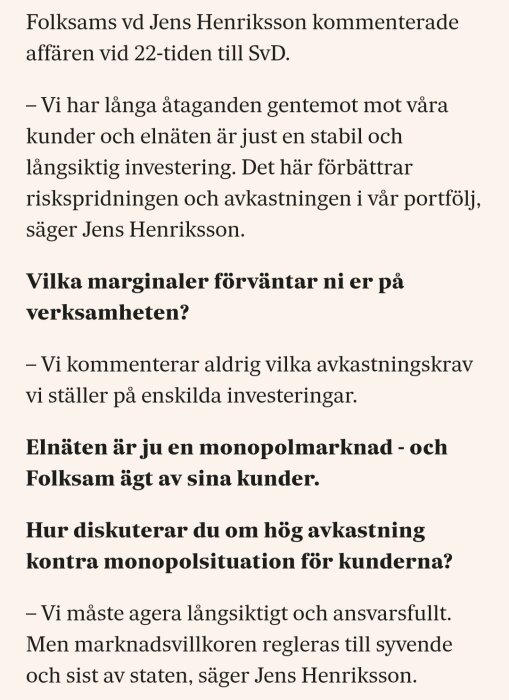 Text om elnätsinvesteringar med fokus på risk och avkastning, citat av Jens Henriksson angående långsiktighet och avkastningskrav i monopolsituation.