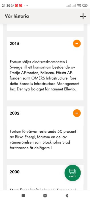 Tidslinje med händelser: 2015, Fortum säljer elnätsverksamhet i Sverige; 2002, Fortum förvärvar resterande 50% av Birka Energi.