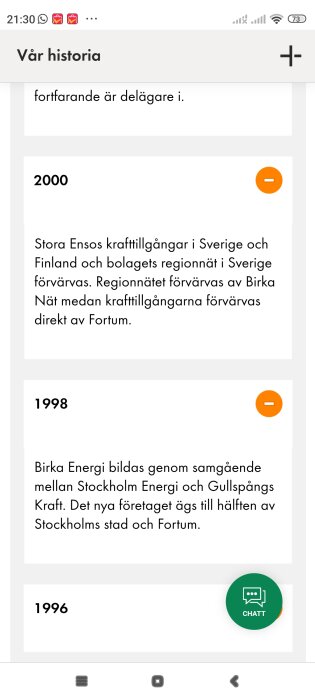 Tidslinje med händelser från 1996 till 2000 om förvärv och fusioner inom energisektorn i Sverige och Finland.