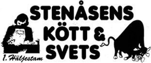 Illustration av en skylt med texten "Stenåsens Kött & Svets" och bilder av en person och en tjur, en humoristisk ordlek.