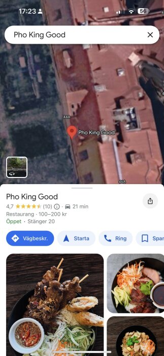 Karta och matbilder från restaurang "Pho King Good" med satiriskt namn, betyg 4.7 och öppettider, ses i bild från Google Maps-appen.