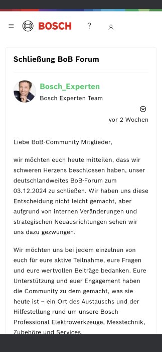 Skärmdump av Bosch-webbsidan med meddelande om att deras BoB-forum stänger den 3 december 2024 på grund av interna förändringar.