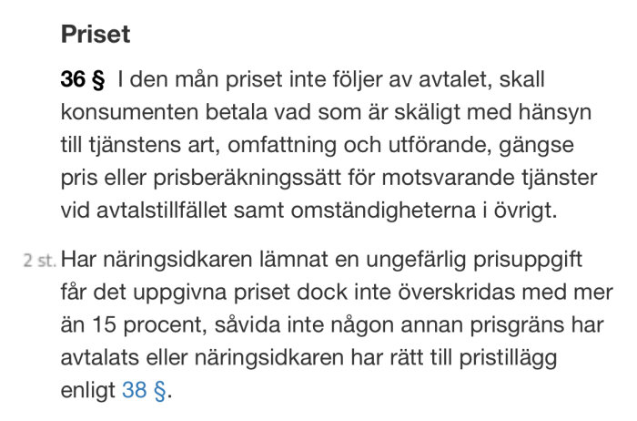 Text från konsumenttjänstlagen om prisändringar och avtal, 36 §, angående näringsidkares prissättning och 15% gräns vid avtalade tjänster.