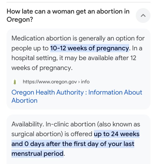 Text som beskriver abortalternativ i Oregon, inkl. medicinska aborter upp till 10-12 veckor och kirurgiska upp till 24 veckor från senaste menstruationens start.