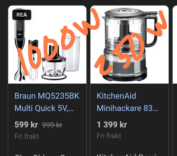 Bild visar Braun stavmixer 1000W bredvid KitchenAid minihackare 250W med priser och rabattangivelser.