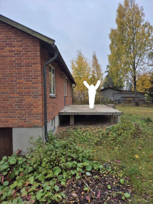 Rött tegelhus med betongplatta på baksidan, mark täckt av löv och gräs, omgivande träd med gula löv.