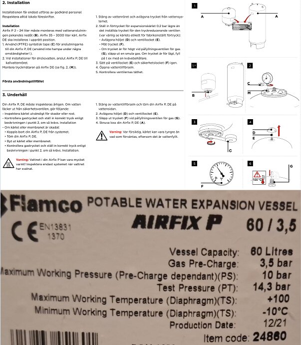 Instruktionsmanual och märkning för Flamco Airfix P expansionskärl med detaljer för installation och underhåll. Kapacitet: 60 liter, förtryck: 3,5 bar.