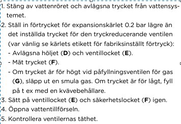 Instruktionstext för justering av förtryck i expansionskärl med anvisningar för avstängning, tryckmätning, och gaspåfyllning.