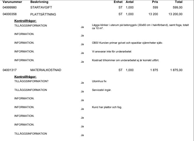 Offertbild för plattsättning, visar kostnader och beskrivningar för att lägga klinker på 10 m2 yta, inklusive startavgift och materialkostnader.