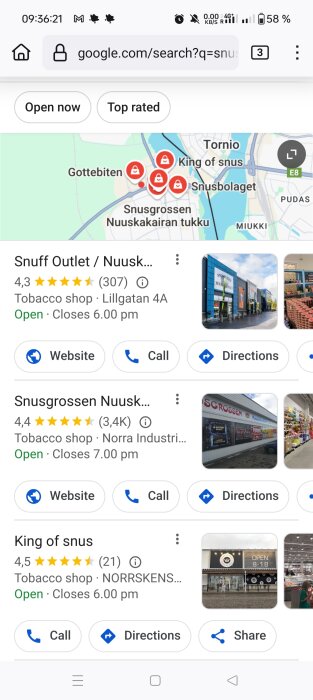 Skärmdump av Google Maps-resultat som visar flera tobaksbutiker i Haparanda, inklusive Snuff Outlet, Snusgrossen och King of Snus.