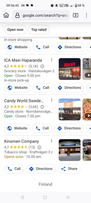 Skärmdump av Google-sökning visar tre butiker i Haparanda: ICA Maxi, Candy World Sweden, och Kinsmen Company med betyg och öppettider.