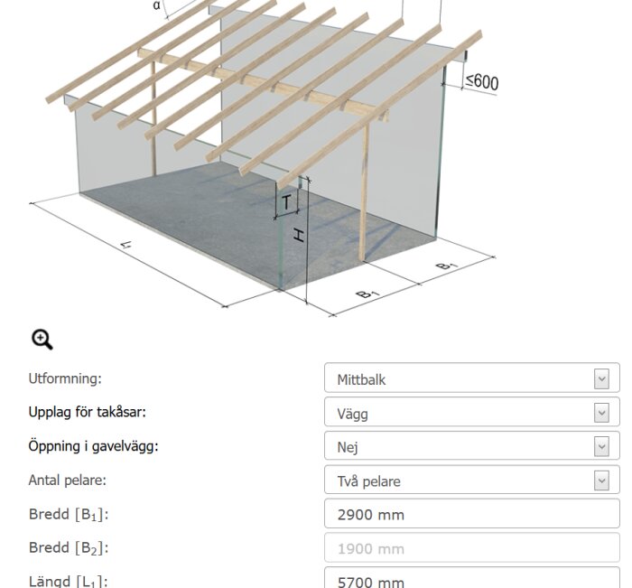 3D-skiss av konstruktion med takåsar, två pelare och måttsättning; längd 5700 mm, bredd 2900/1900 mm, med specifikationer för mittbalk.