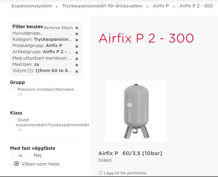 Bild av ett grått expansionskärl för dricksvatten, modell Airfix P 2-300, volym 60 liter, med ben, visas på en produktsida med filterinställningar.