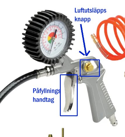 Luftpåfyllare med manometer, markerad luftutsläppsknapp och påfyllningshandtag, ansluten till en slang.