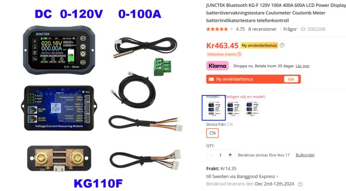 JUNCTEK Bluetooth LCD Power Display med diverse kablar och tillbehör, pris 463,45 kr på Banggood.