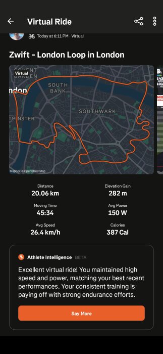 Karta över en virtuell cykelrutt i London med statistik: distans 20,06 km, höjdstigning 282 m, genomsnittsfart 26,4 km/h, kalorier 387.