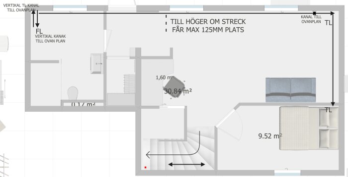 Planritning av källare med markerade FTX-kanaler och rörplaceringar. Innehåller info om max rördjup (125 mm) och rumsstorlekar (30,84 m² och 9,52 m²).