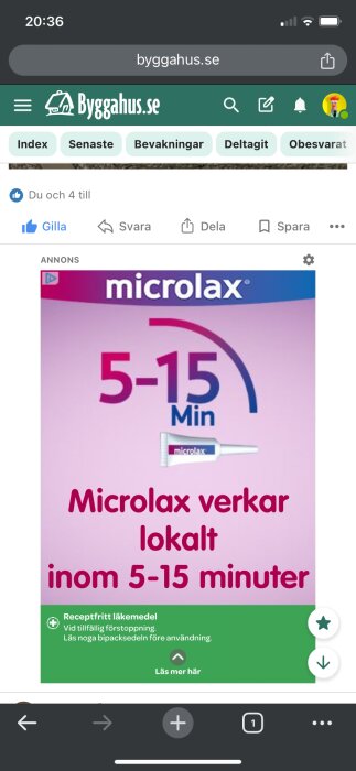 Reklam för Microlax, ett receptfritt läkemedel som verkar lokalt inom 5-15 minuter mot tillfällig förstoppning, med texten "Microlax verkar lokalt inom 5-15 minuter".