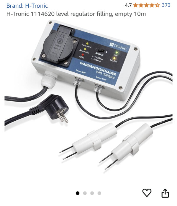 H-Tronic vattensensor WPS 3000plus med anslutna kablar och elkontakt, används för att reglera vattennivå och styra reservpump.