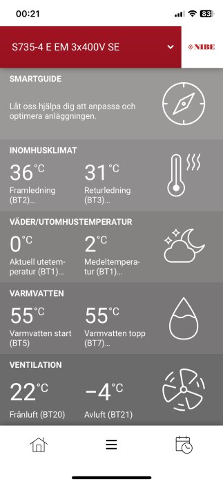 Skärmbild av NIBE värmepumpsapp, visar inomhusklimat, utomhustemperatur, varmvatten och ventilation med specifika temperaturvärden.