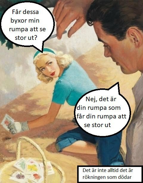 En man och kvinna har en dialog i en illustrerad tecknad bild; kvinnan frågar om hennes byxor gör rumpan stor, mannen svarar humoristiskt.