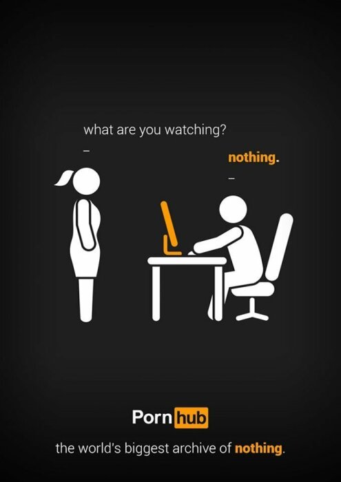 Illustration av en person vid en dator med text "what are you watching?" och "nothing", samt en logotyp för en känd webbplats.